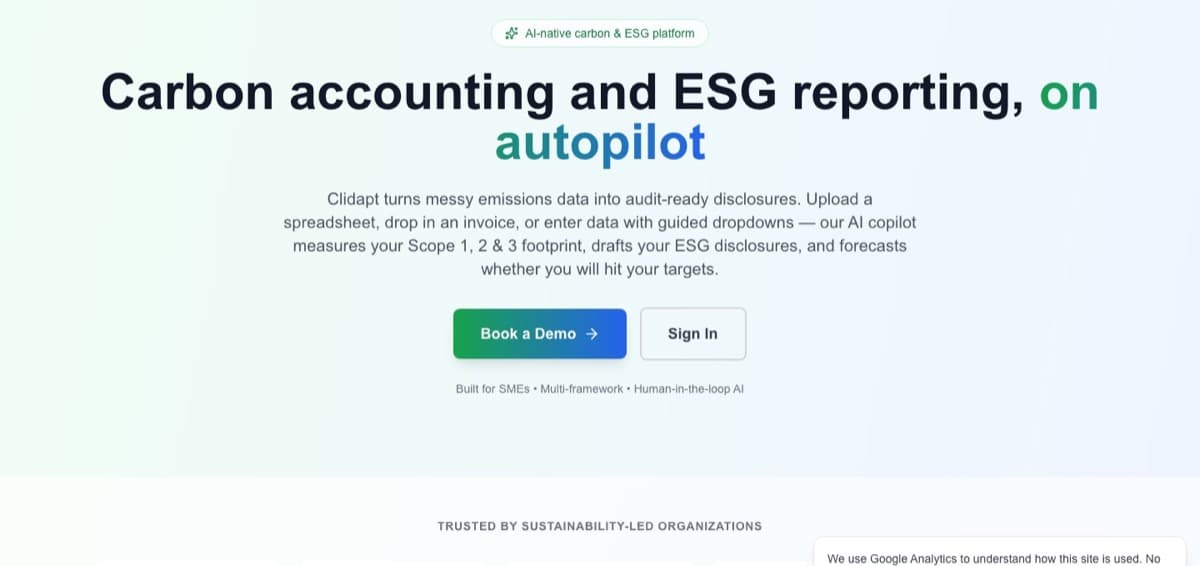 Clidapt homepage: “Carbon accounting and ESG reporting, on autopilot.”